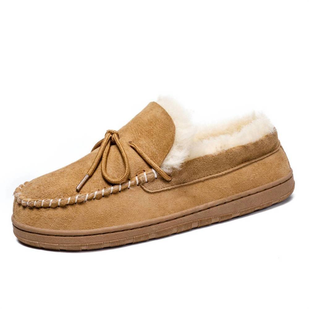 NEW SPRING STEP SHOES men's shearling and suede moccasin slippers in chestnut